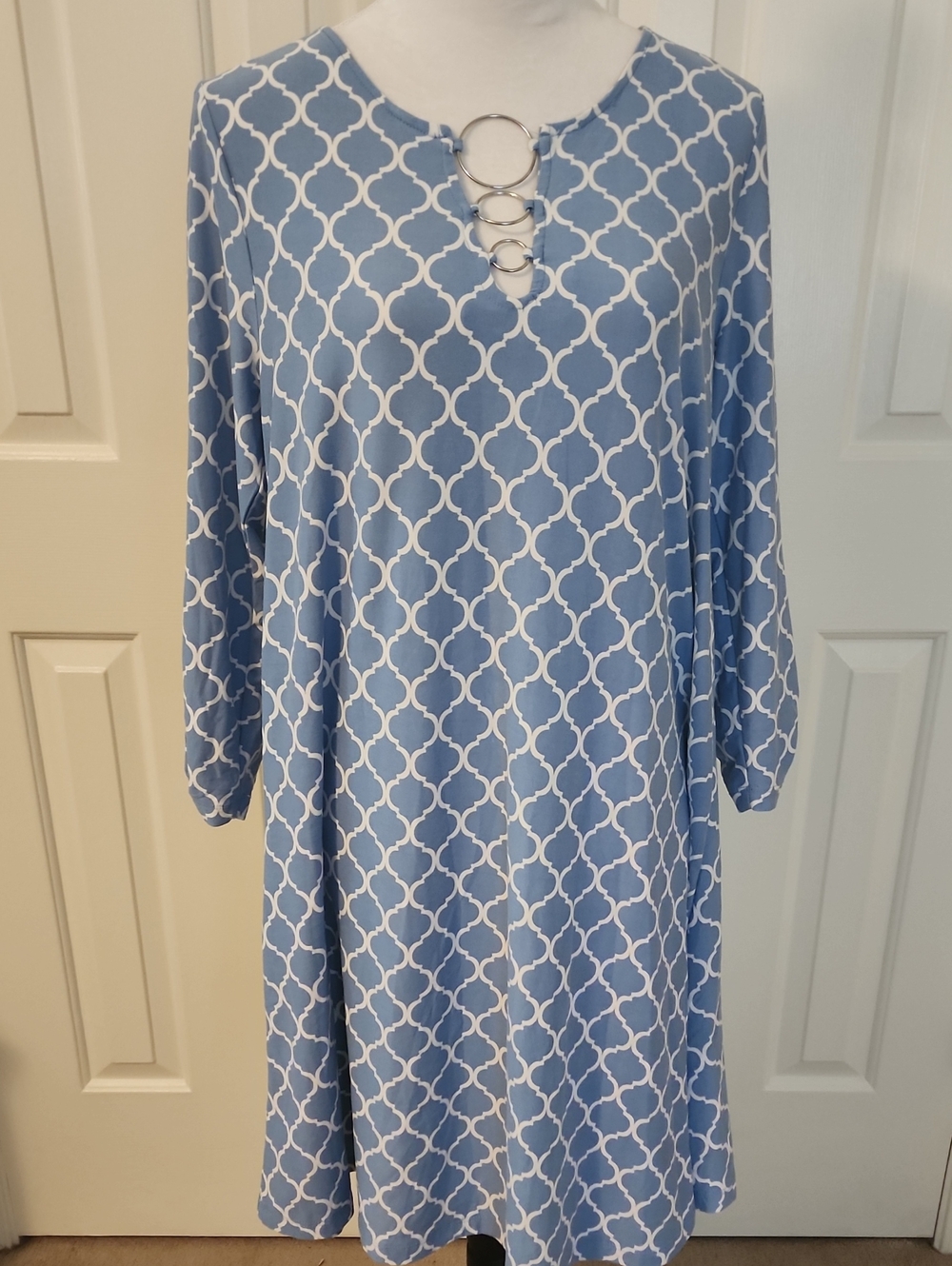 Cato Light Blue and White Geometric Long Sleeve Shift Dress
